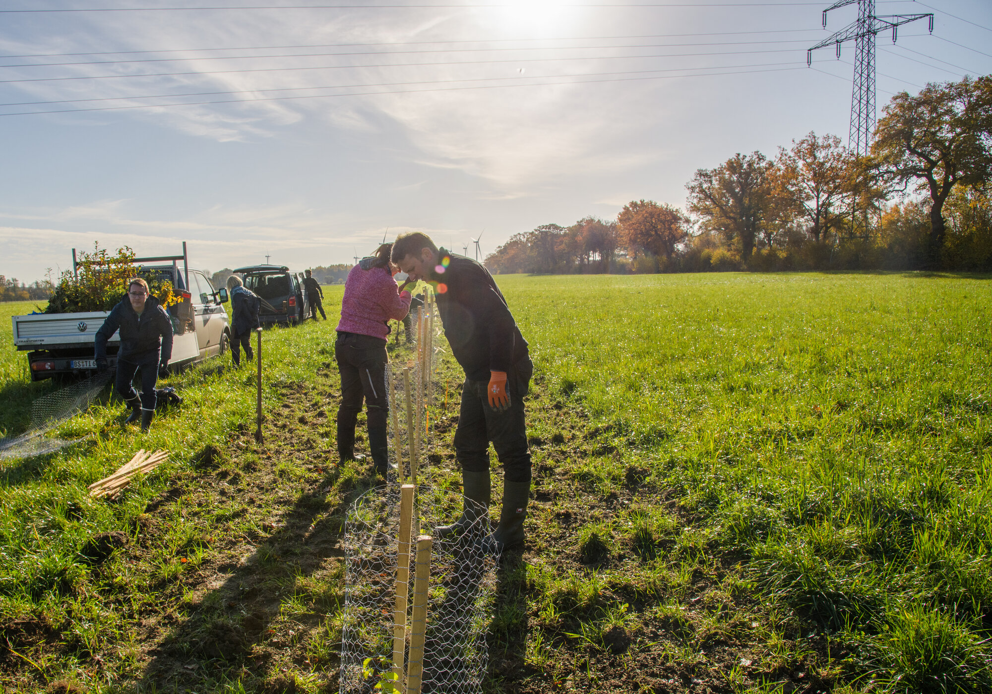 Der erste kleine Abschnitt ist fertig. Ein Überblick über die Pflanzaktion, einige Personen Pflanzen, es stehen fertige Pflanzen in einer Reihe und zwei Fahrzeuge mit dem Material stehen an der Seite.