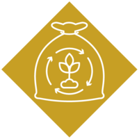 Grüner Mineraldünger Icon mit einem Sack in dem eine Pflanze in einem Pfeilkreis gezeichnet ist.